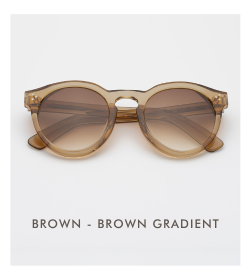A studio product shot of the Leonard sunglasses in Brown with Brown Gradient lenses. Both the frames and lenses are a uniform, translucent warm tan color.