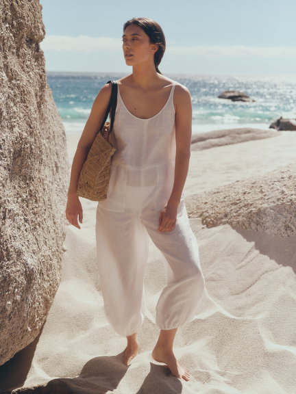 Linen Scoop Neck Elasticated Cuff Jumpsuit
