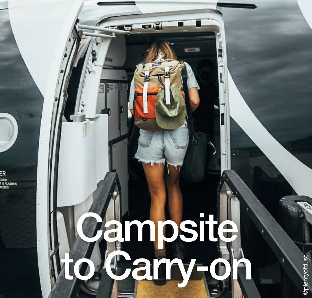 female entering plan with backpack on