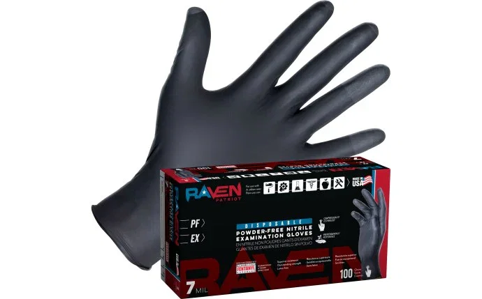 Image of SAS Safety - Raven® Patriot Powder-Free Exam Grade Black Nitrile Disposable Gloves - 7 Mil - BOX- Made in the USA