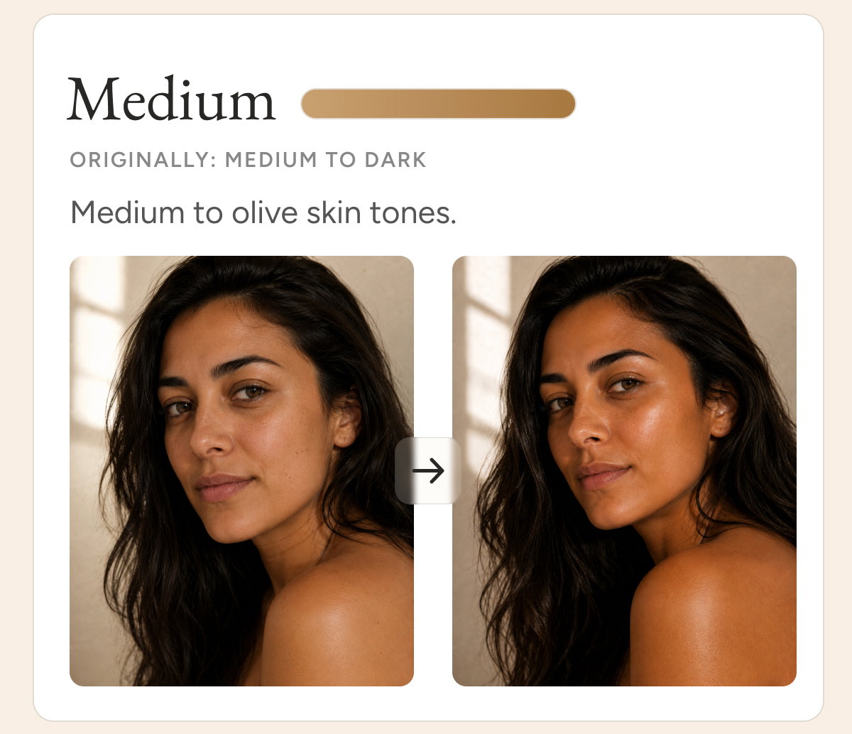 Medium. Originally: Medium to Dark. Medium to olive skin tones.