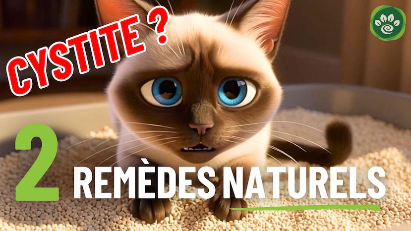 Miniature de la vidéo présentant un chat siamois animé dans sa litière qui regarde la caméra avec la mention: "Cystite ? 2 remèdes naturels" 