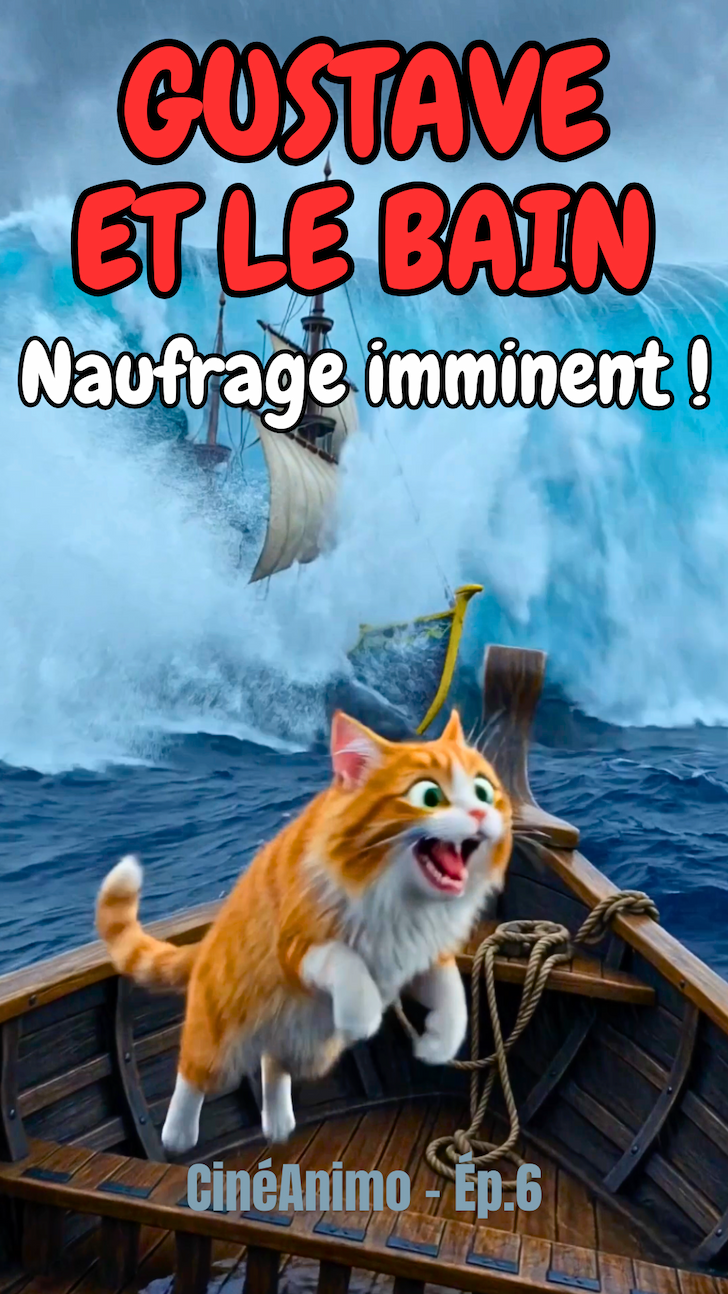 Miniature de la vidéo présentant Gustave le chat animé qui saute d'un bateau en bois dans une tempête avec la mention: "Gustave et le bain: naufrage imminent!"