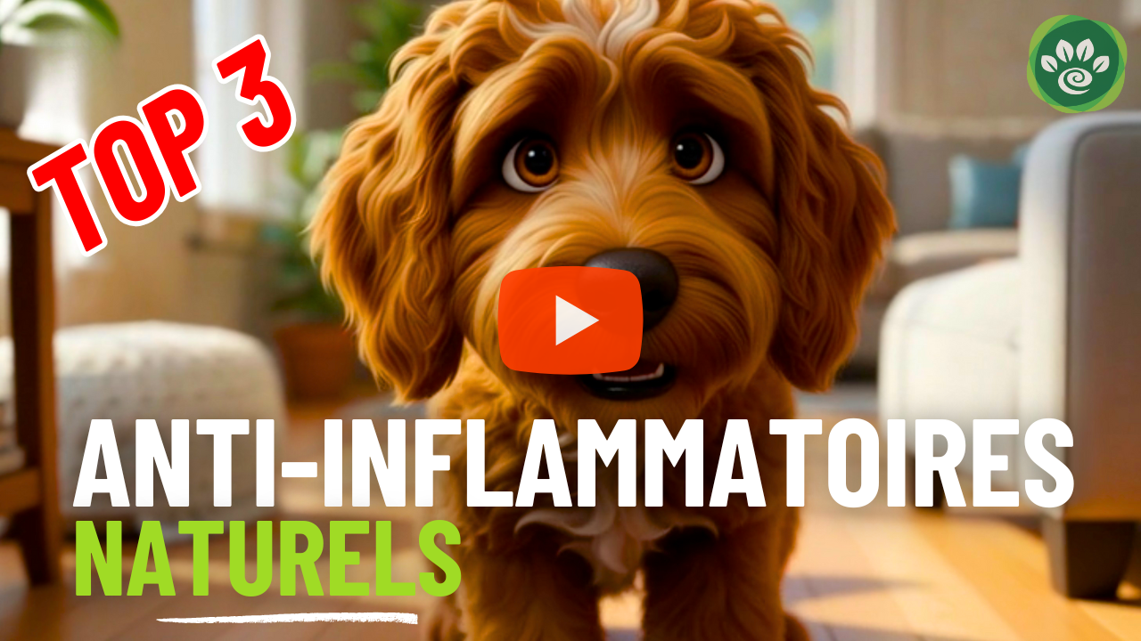 Miniature de la vidéo présentant un chien Golden Doodle animé dans un salon qui regarde la caméra avec la mention: "TOP 3: Anti-inflammatoires naturels" 