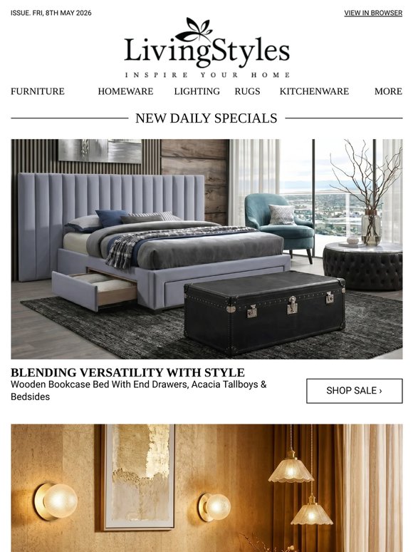 Wooden Bookcase Bed With End Drawers, Acacia Tallboys & Bedsides, Dimmable LED Wall Lights, Halo Pendants & Glass Ball Table Lamps, Faux Fur Swivel...