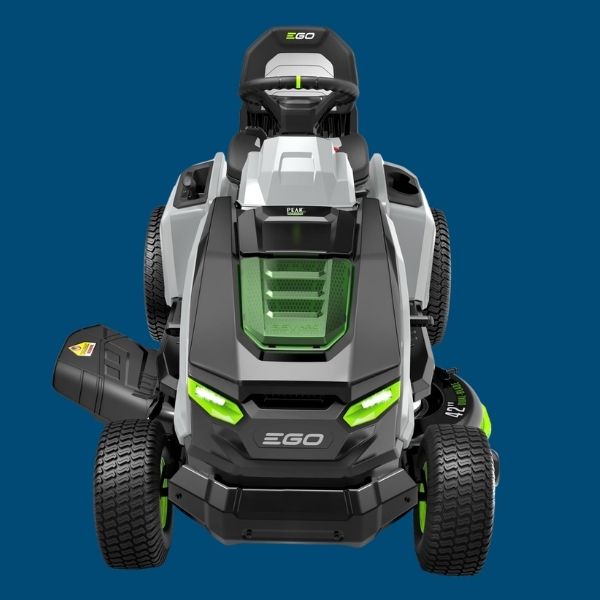 Front perspective of a EGO lawn mower