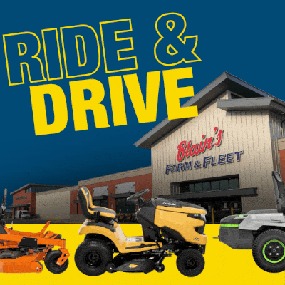 Gif of lawn mowers driving in front of a Farm & Fleet Store