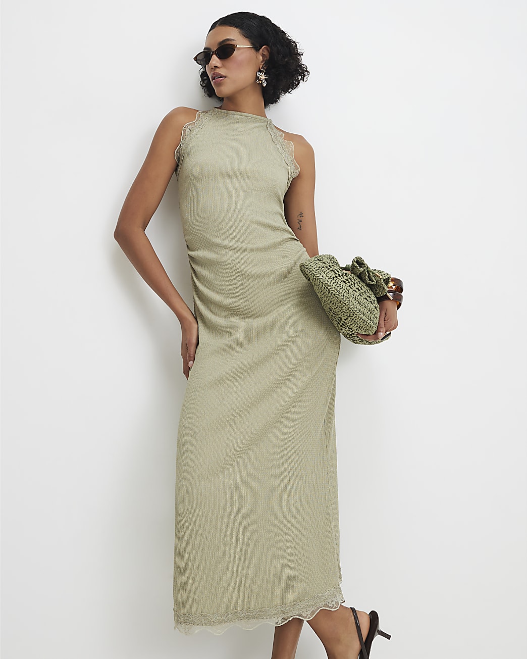 Womens Green Lace Trim Textured Midi Dress