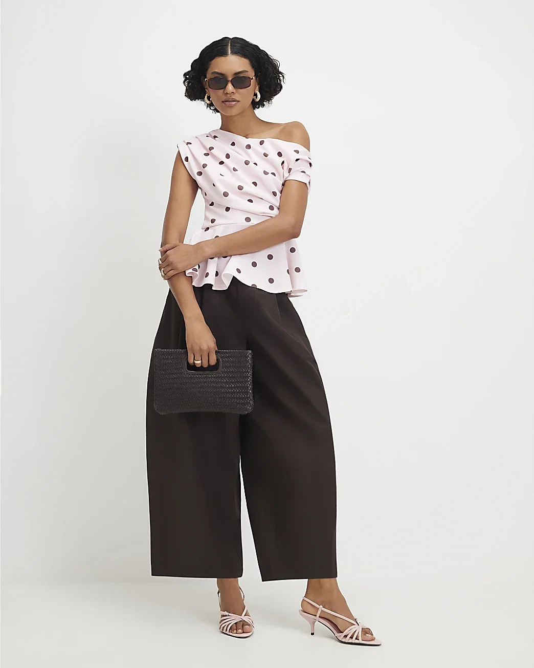 Womens Pink Spot Print Short Sleeve Drape Peplum Top