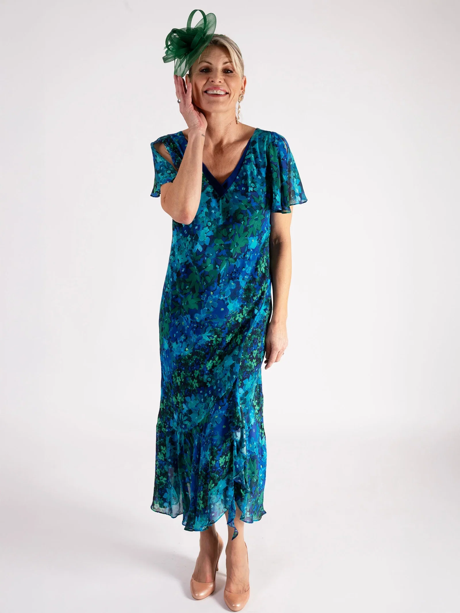 Image of Cobalt/Emerald Royal Garden Split Sleeve Silk Dress with Chiffon V Neckline