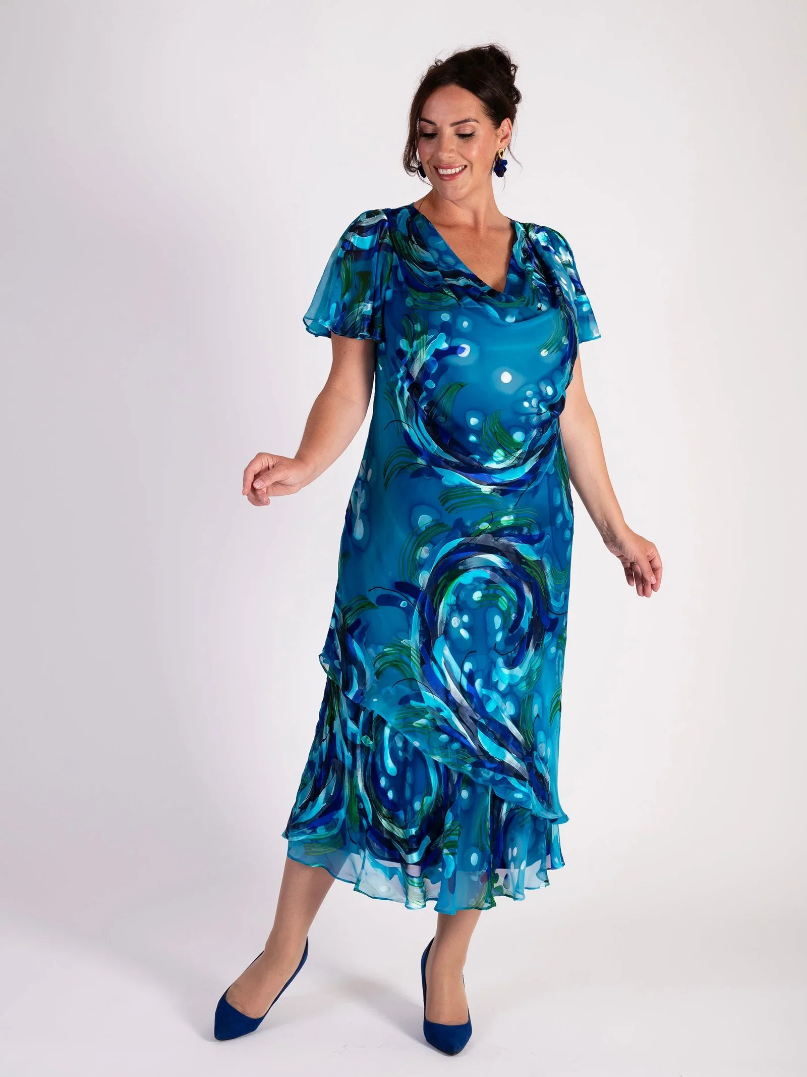 Image of Teal/Cobalt Silk Mix Hand Painted Ocean Wave Cowl Neck Satin Devoree Dress- LIMITED EDITION