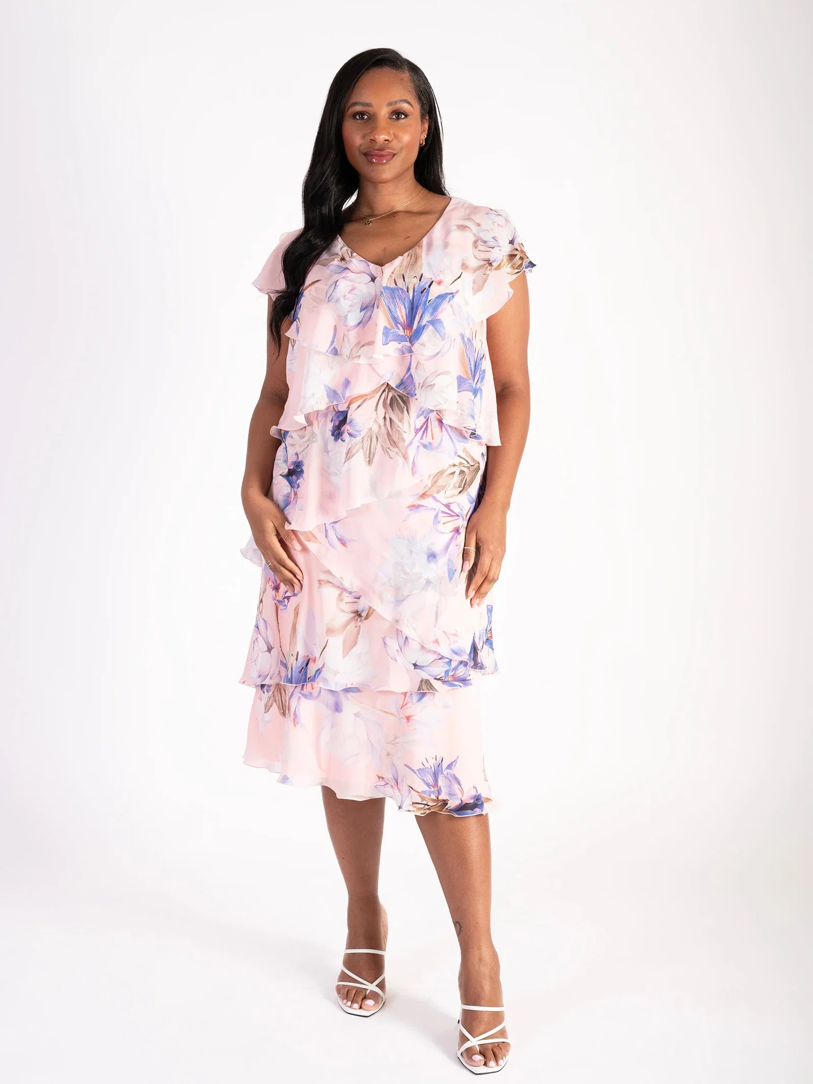 Image of Pink Lily Printed Chiffon Multi Layer Dress