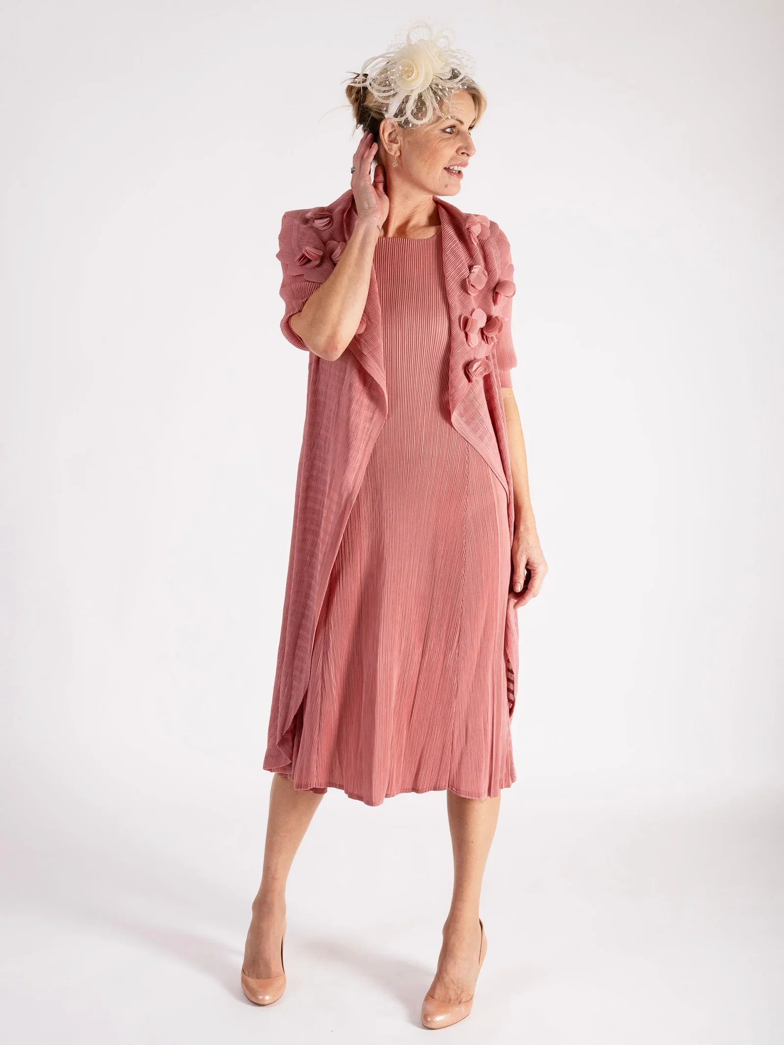 Image of Antique Pink Pleated Dress With Applique Chiffon Flower Detail