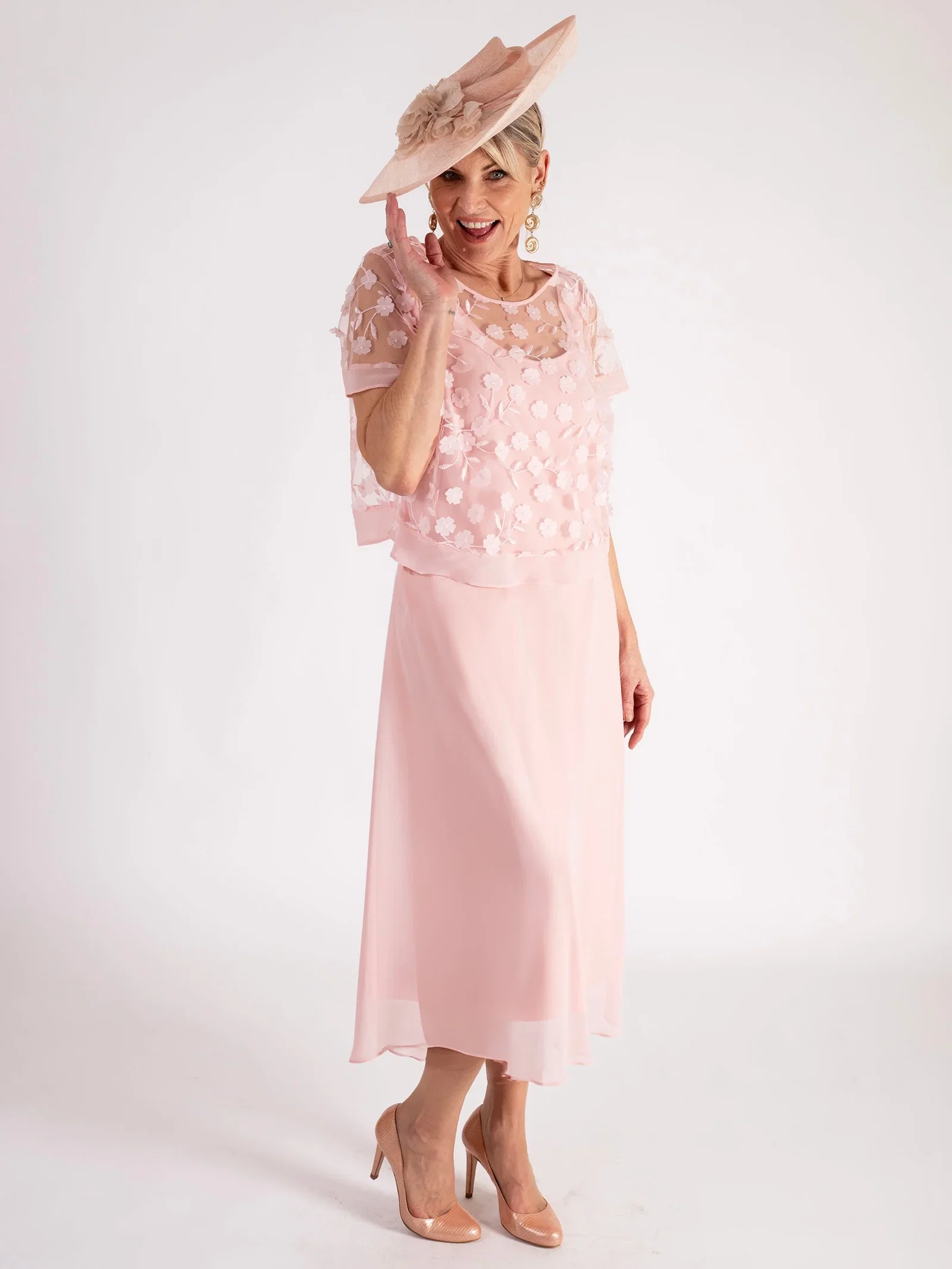Image of Blossom Chiffon Dress with 3-D Daisy Embroidered Mesh Overtop