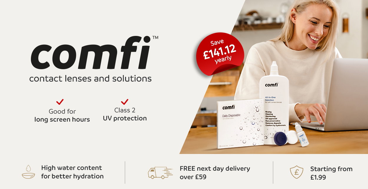 comfi contact lenses and solutions | Save £141.12 yearly | High water content for better hydration | FREE next day delivery over £59 | Starting from £1.99 | Shop comfi Now