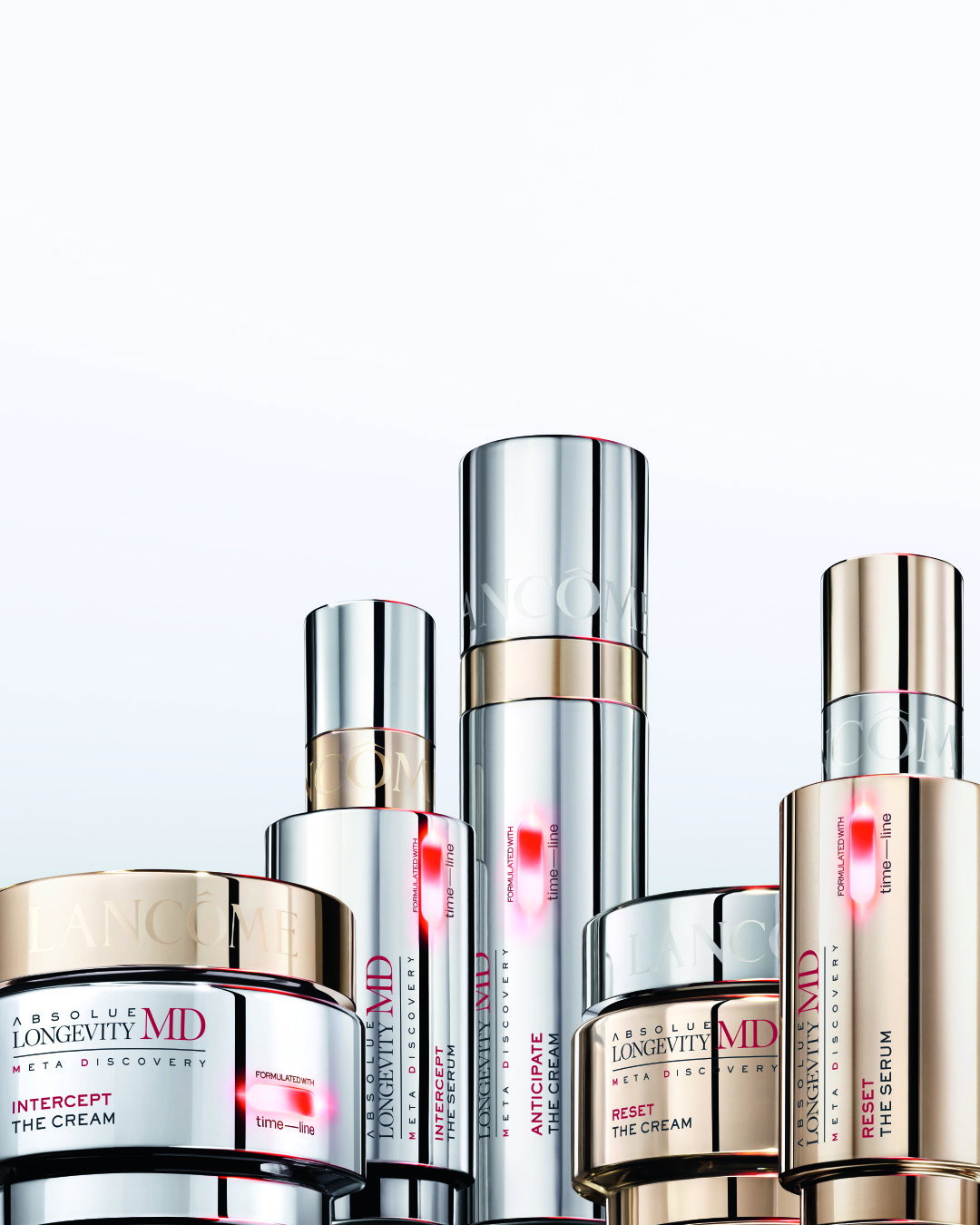 Linea completa Lancôme Absolue Longevity MD: Anticipate, Intercept e Reset in versione Cream e Serum su sfondo neutro.