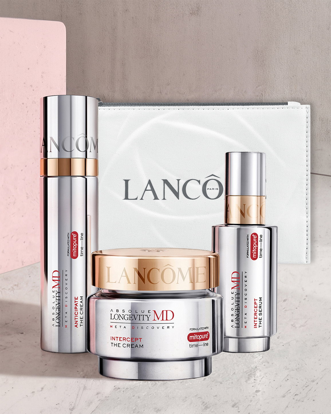 Tre prodotti Lancôme Absolue Longevity MD — Anticipate, Intercept The Cream e The Serum — con pouch omaggio Lancôme.