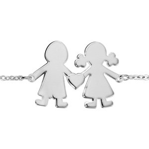 Bracelet en argent chaîne avec 1 petite fille et 1 petit garçon reliés par un coeur au milieu - longueur 16cm + 3cm de rallonge