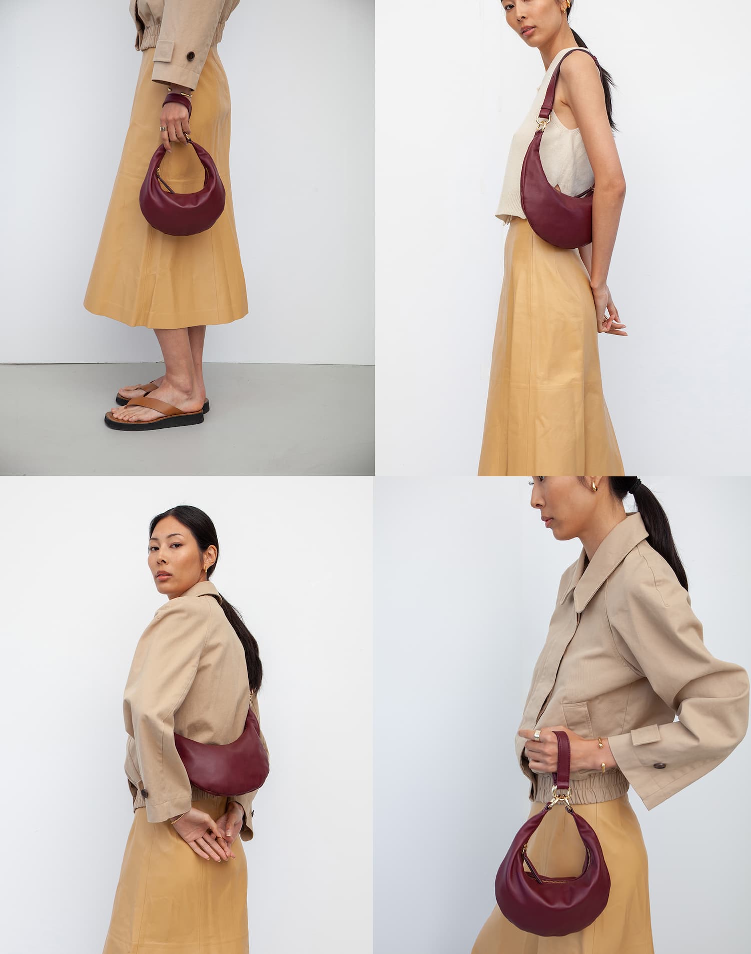 a collage of the micro ring bag worn 4 ways-- handheld, on the shoulder, crossbody and as a wristlet