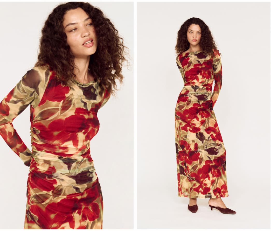 Red Floral Sheer Mesh Midi Dress