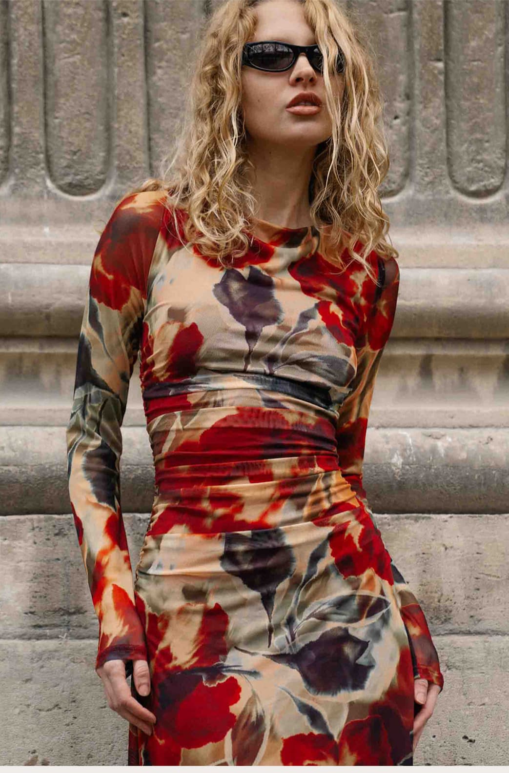 Red Floral Sheer Mesh Midi Dress
