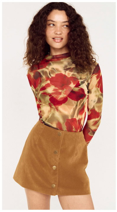 Button Front Faux Sude Mini Skirt