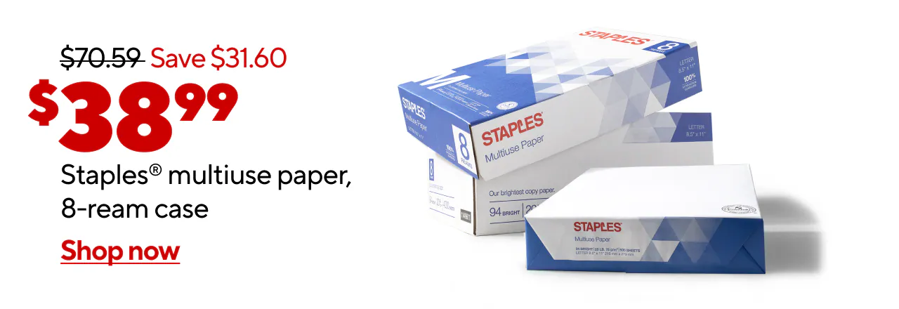 Only $38.99 for Staples multiuse copy paper, 8.5 x 11, 8-ream case.