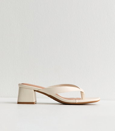 Off White Faux Leather Toe Post Block Heel Sandals