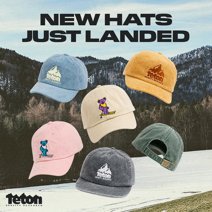 TGR promotional graphic featuring the headline “New Hats Just Landed” over a snowy mountain landscape with six floating hats, including corduroy TGR logo hats and Grateful Dead x TGR ski bear dad hats.