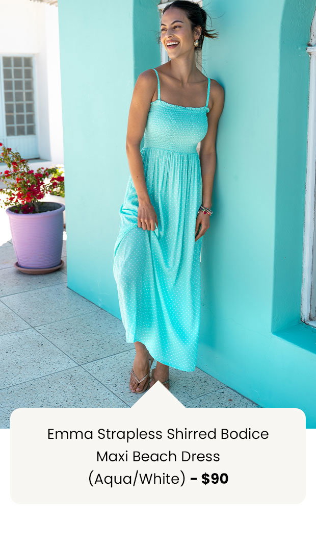 Emma Strapless Shirred Bodice Maxi Beach Dress - Aqua/White