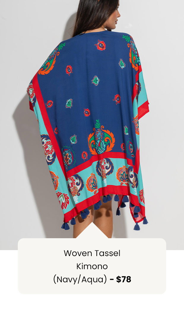 Woven Tassel Kimono - Navy/Aqua