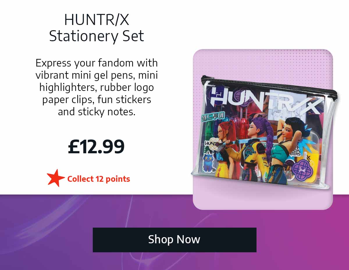 HUNTR/X Stationery Set - £12.99 - Express your fandom with vibrant mini gel pens, mini highlighters, rubber logo paper clips, fun stickers and sticky notes. - Collect 12 points