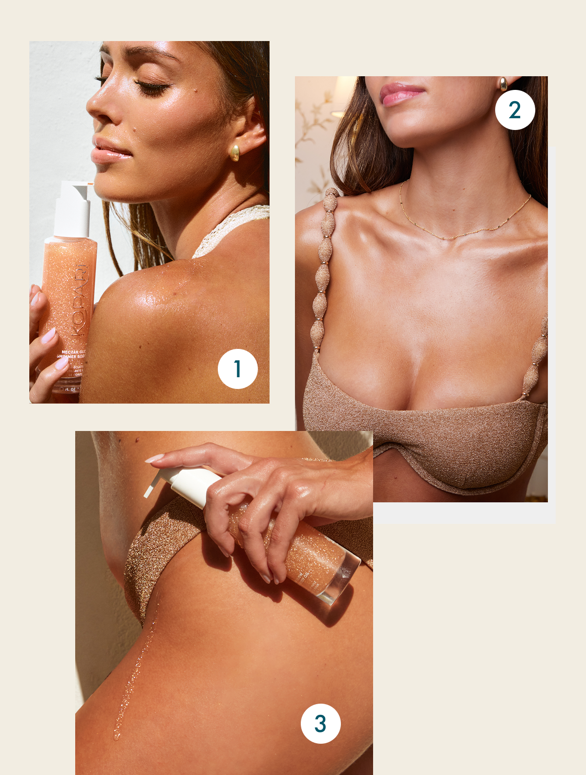 Nectar Glow Shimmer Body Oil WITH JOJOBA SEED OIL & VITAMIN E  $42 Fast-absorbing, hydrating body oil Rose gold glow & shimmer finish Mango nectar & peach scent