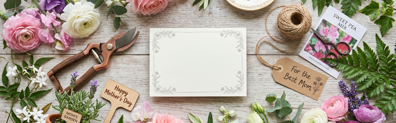 Notecard laying flat ready for a mother's day message to be added surrounded by garden tooms, cut roses and flowers, and various plant stakes with mother's day messaging on them.