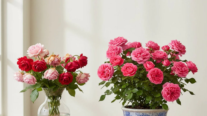 Cut roses in a vase dying next to a thriving rose bush with pink blooms in a decorative pot