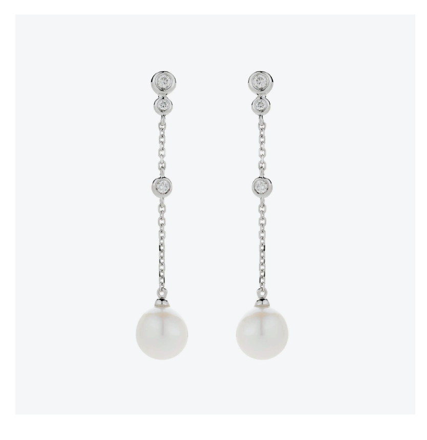 9ct White Gold Pearl And Diamond 0.10ct Long Drop Earrings