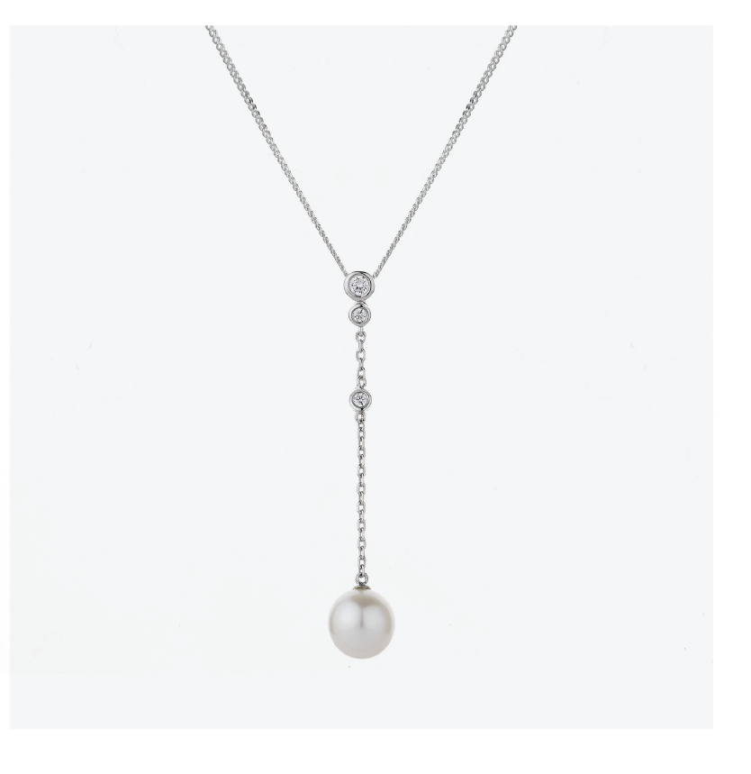 9ct White Gold Pearl And Diamond 0.08ct Long Drop Pendant
