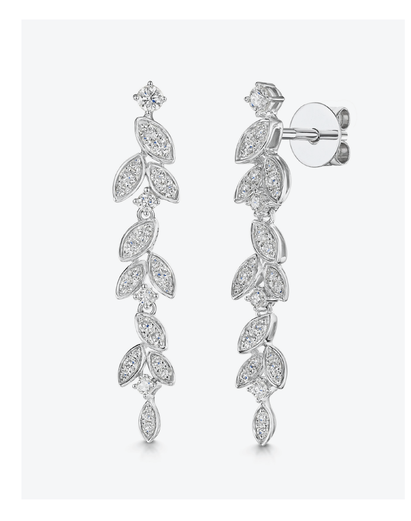 18ct White Gold Round Brilliant 0.75ct Diamond Leaf Cluster Drop Earrings - Exclusive to CH