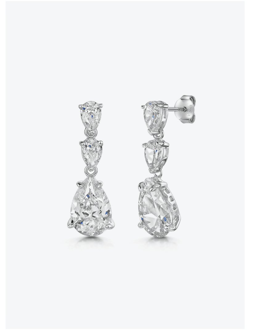 Silver Pear Cut Cubic Zirconia 3 Stone Drop Earrings