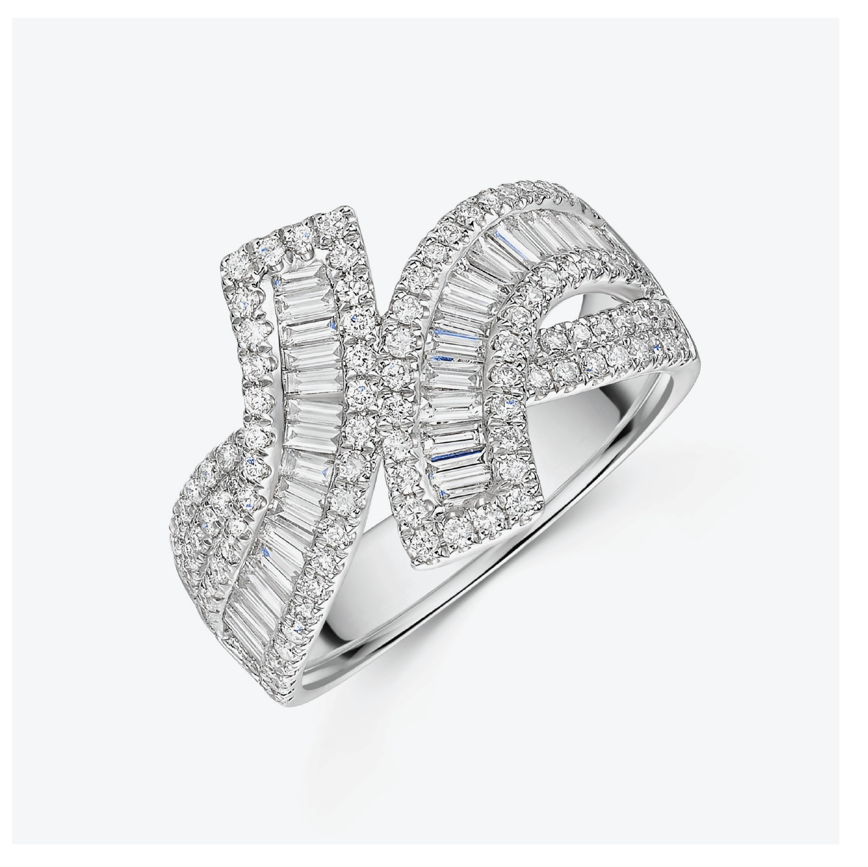 Platinum 1.30ct Baguette and Round Brilliant Fancy Crossover Band