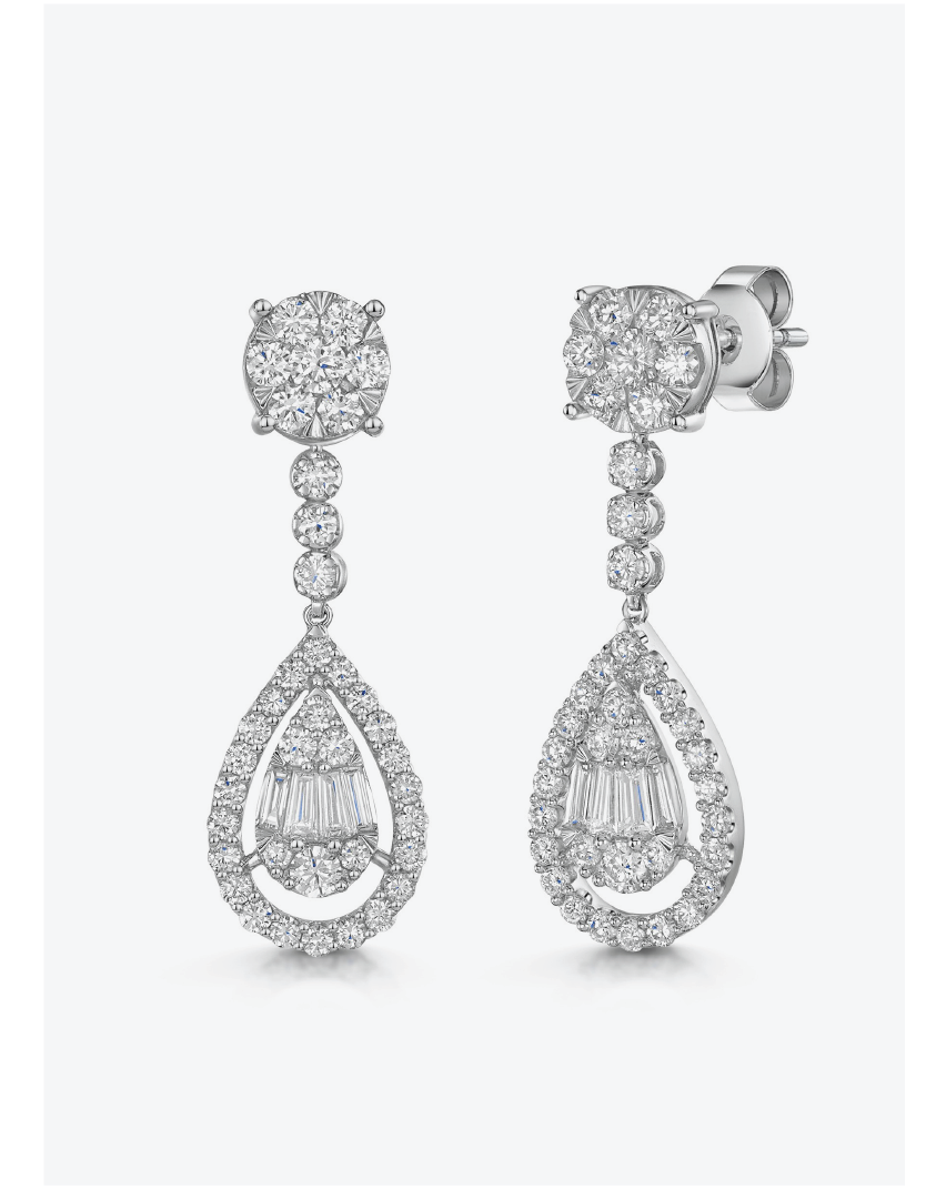 9ct White Gold Baguette & Round Brilliant Cut 1.45ct Diamond Pear Shaped Drop Earrings