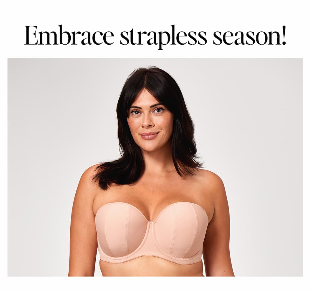 Embrace strapless season! Model wears the Luxe strapless bra in beige