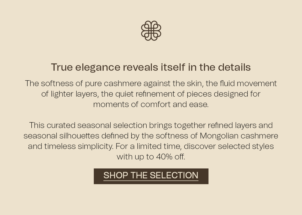 Promotional banner with the text “True elegance reveals itself in the details” and “Shop the Selection.”