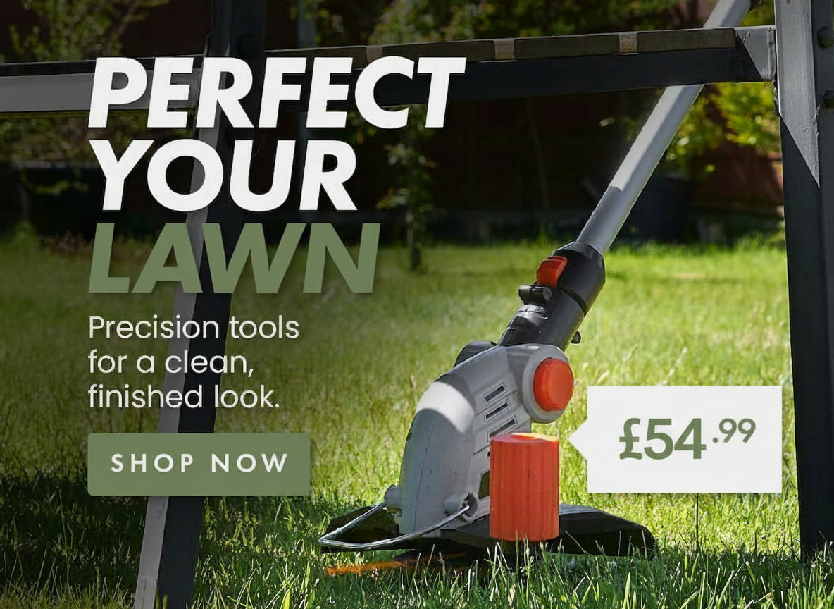Advertisement for lawn care tools, featuring a trimmer and the text "Perfect Your Lawn" and "$54.99".