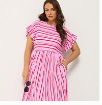 YOURS Kleid in Rosa mit Streifen und Rüschenärmeln