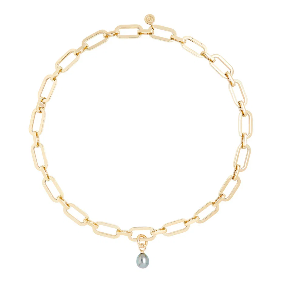 Image of Link Chain Necklace and Tahitian Pearl Charm Gold Set