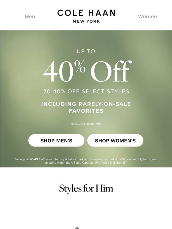 Up to 40% off select styles rarely on sale