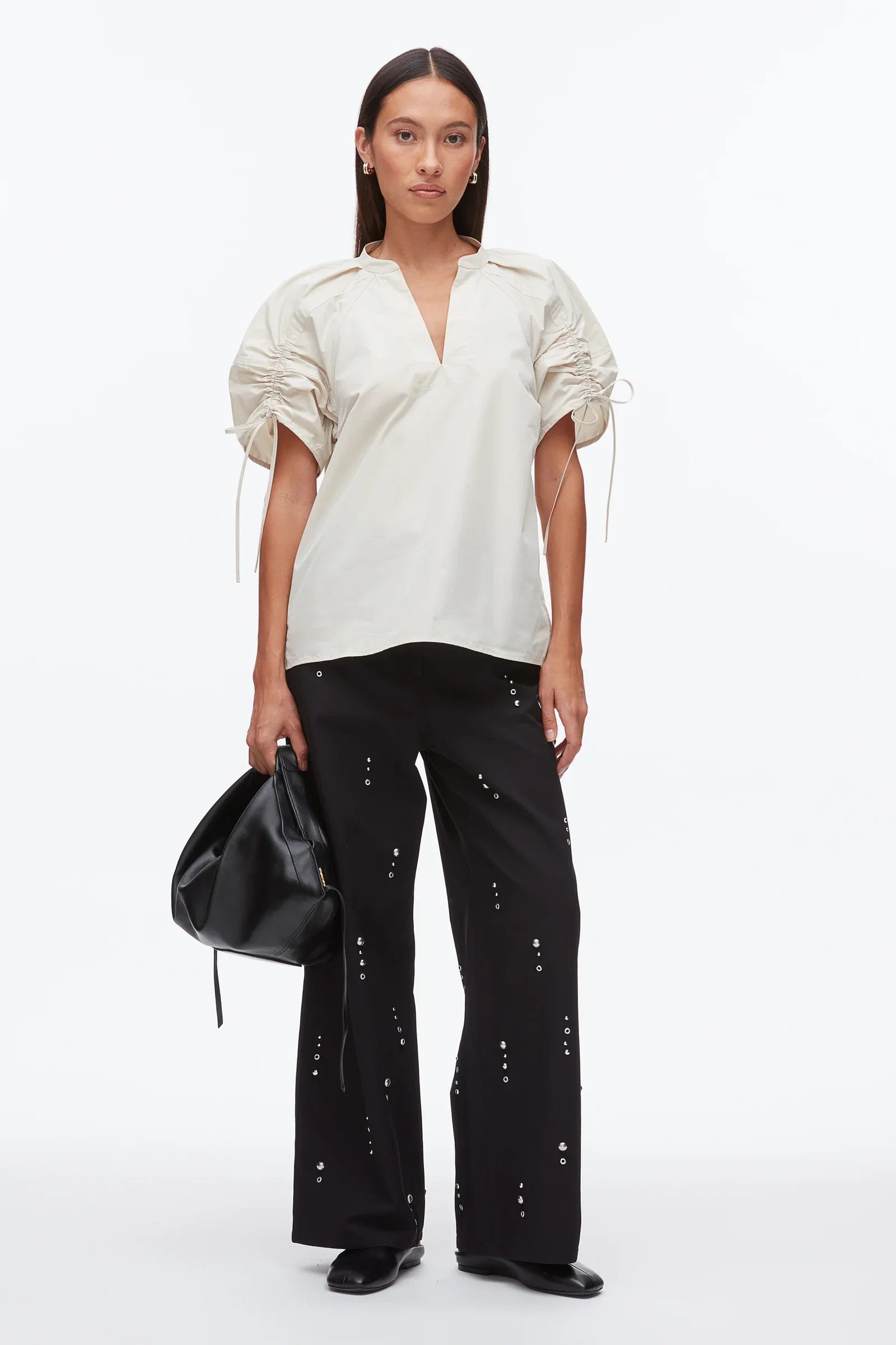 Image of Ruched Sleeve V-Neck Top