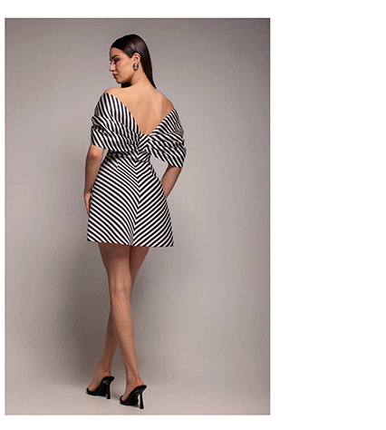 Stripe Off Shoulder Bow Back Satin Bow Mini Dress - Black White by Goddiva
