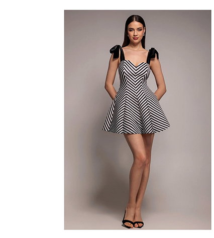 Diagonal Stripe Velvet Bow A Line Mini Dress - Black White by Goddiva